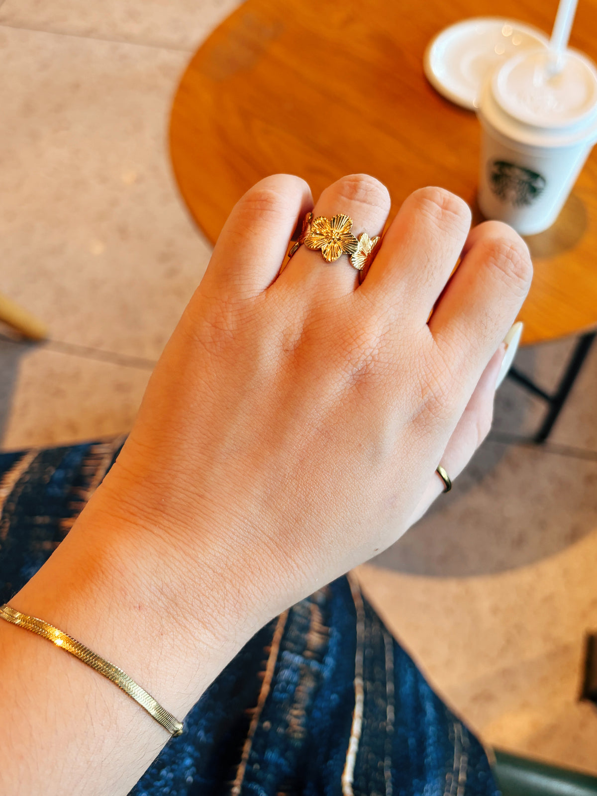 Gold Floral Textured Open Ring
