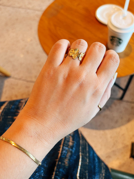 Gold Floral Textured Open Ring