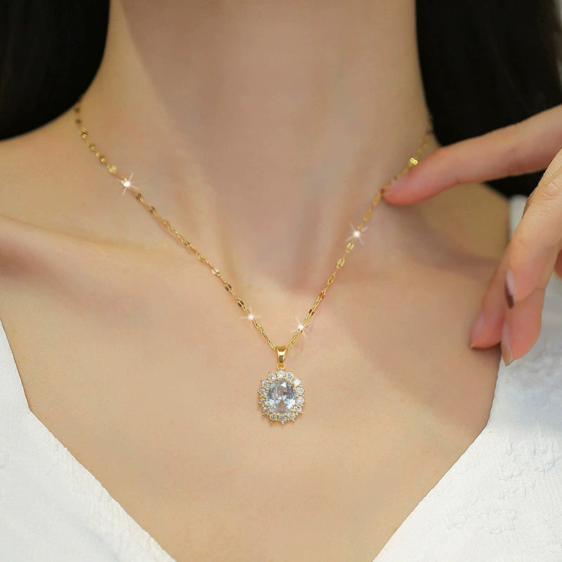 Titanium Steel Oval Cubic Zirconia Jewelry Set - Necklace, Earrings & Ring
