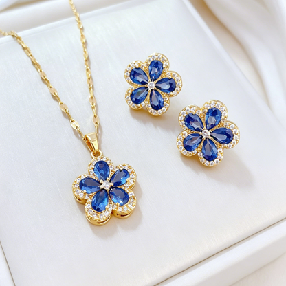 Titanium Steel Blue Clover Zirconia Jewelry Set - Necklace & Earrings