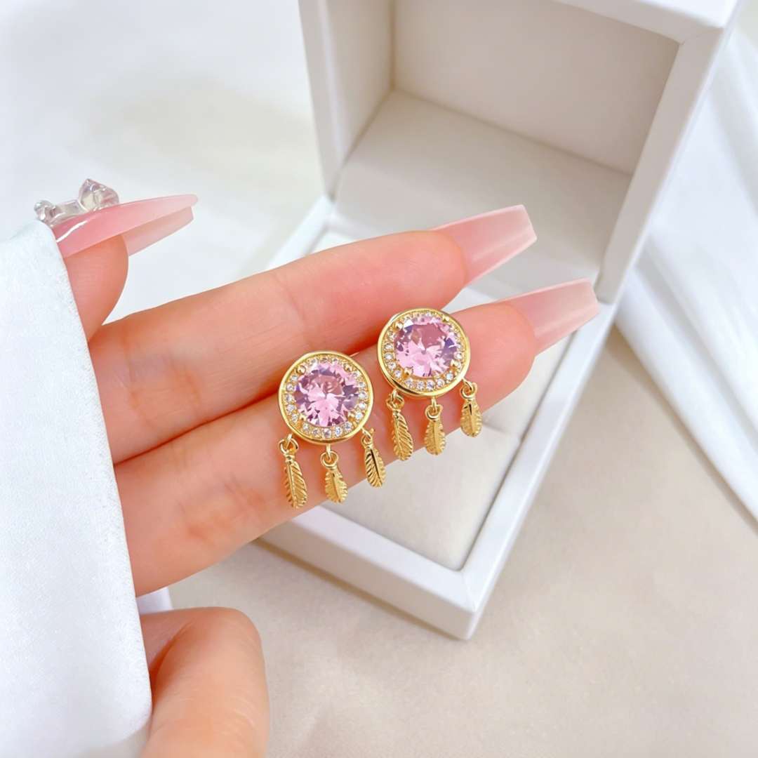 Titanium Steel Pink Zirconia Dreamcatcher Jewelry Set - Necklace & Earrings