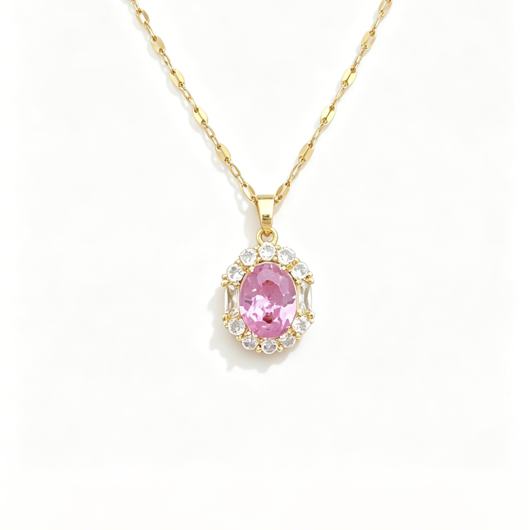 Titanium Steel Pink Oval Zirconia Jewelry Set - Necklace, Earrings & Ring