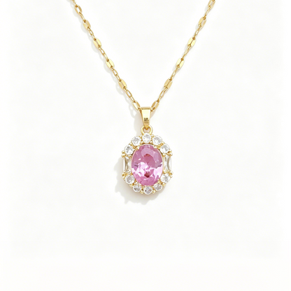 Titanium Steel Pink Oval Zirconia Jewelry Set - Necklace, Earrings & Ring