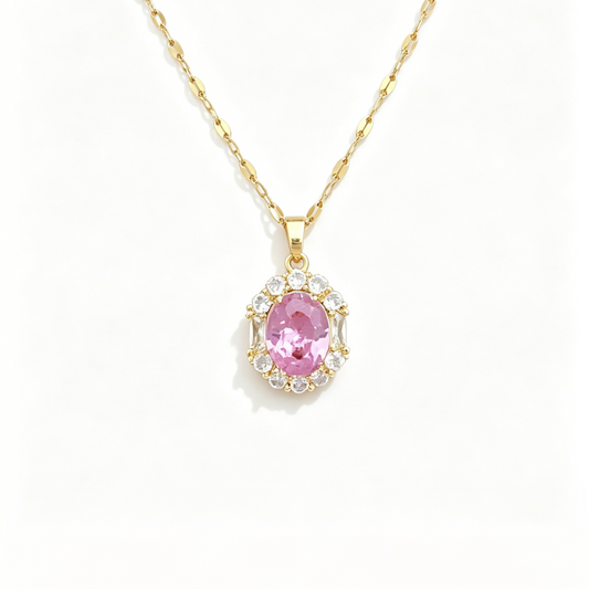 Titanium Steel Pink Oval Zirconia Jewelry Set - Necklace, Earrings & Ring