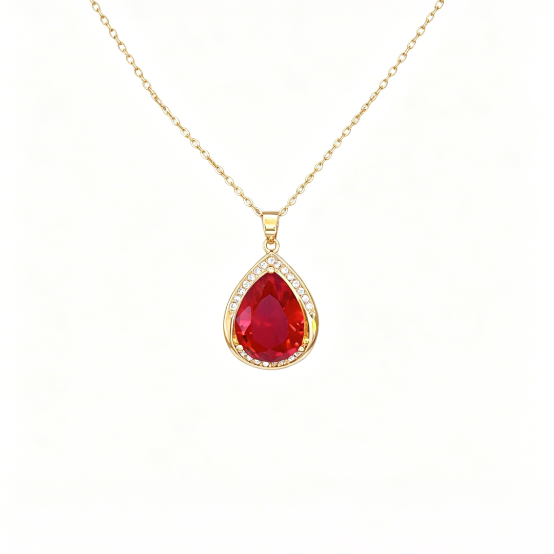 Titanium Steel Red Teardrop Zirconia Pendant Necklace