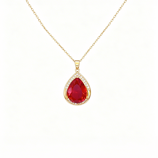 Titanium Steel Red Teardrop Zirconia Pendant Necklace