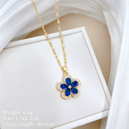 Titanium Steel Blue Clover Zirconia Jewelry Set - Necklace & Earrings