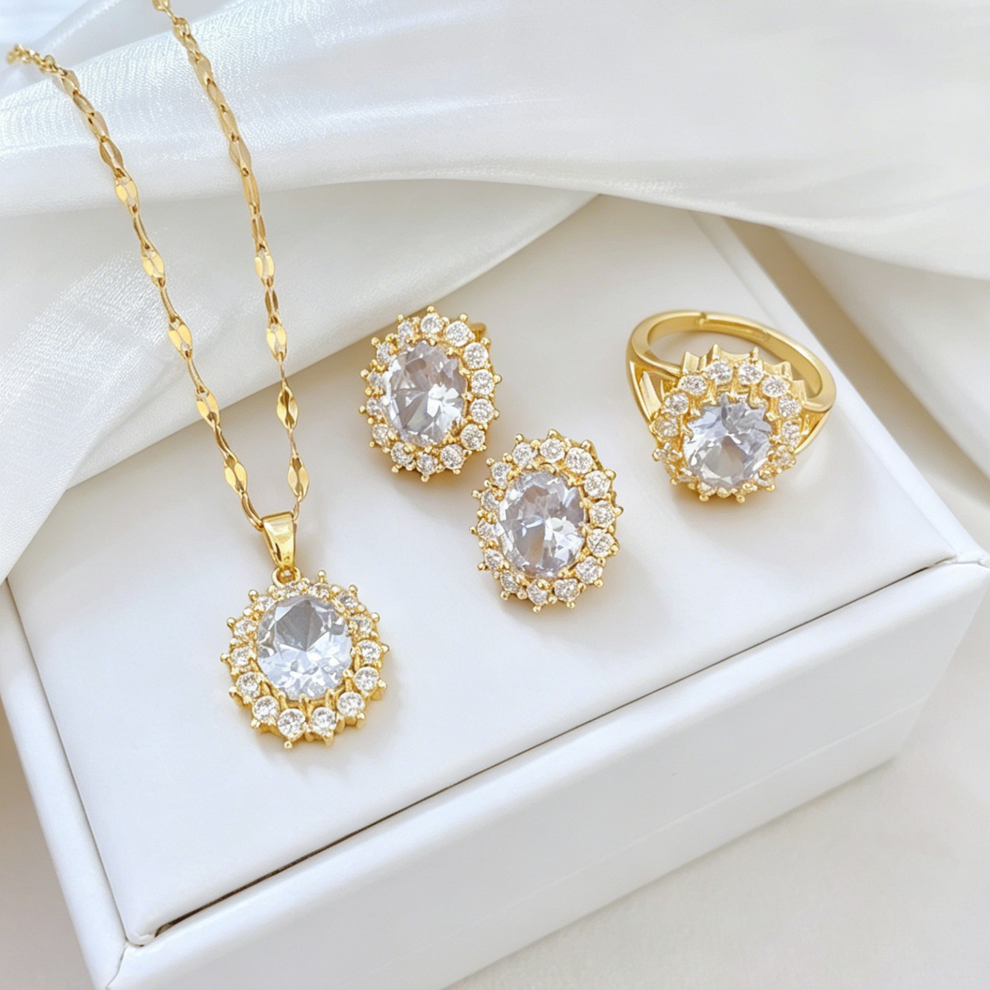 Titanium Steel Oval Cubic Zirconia Jewelry Set - Necklace, Earrings & Ring
