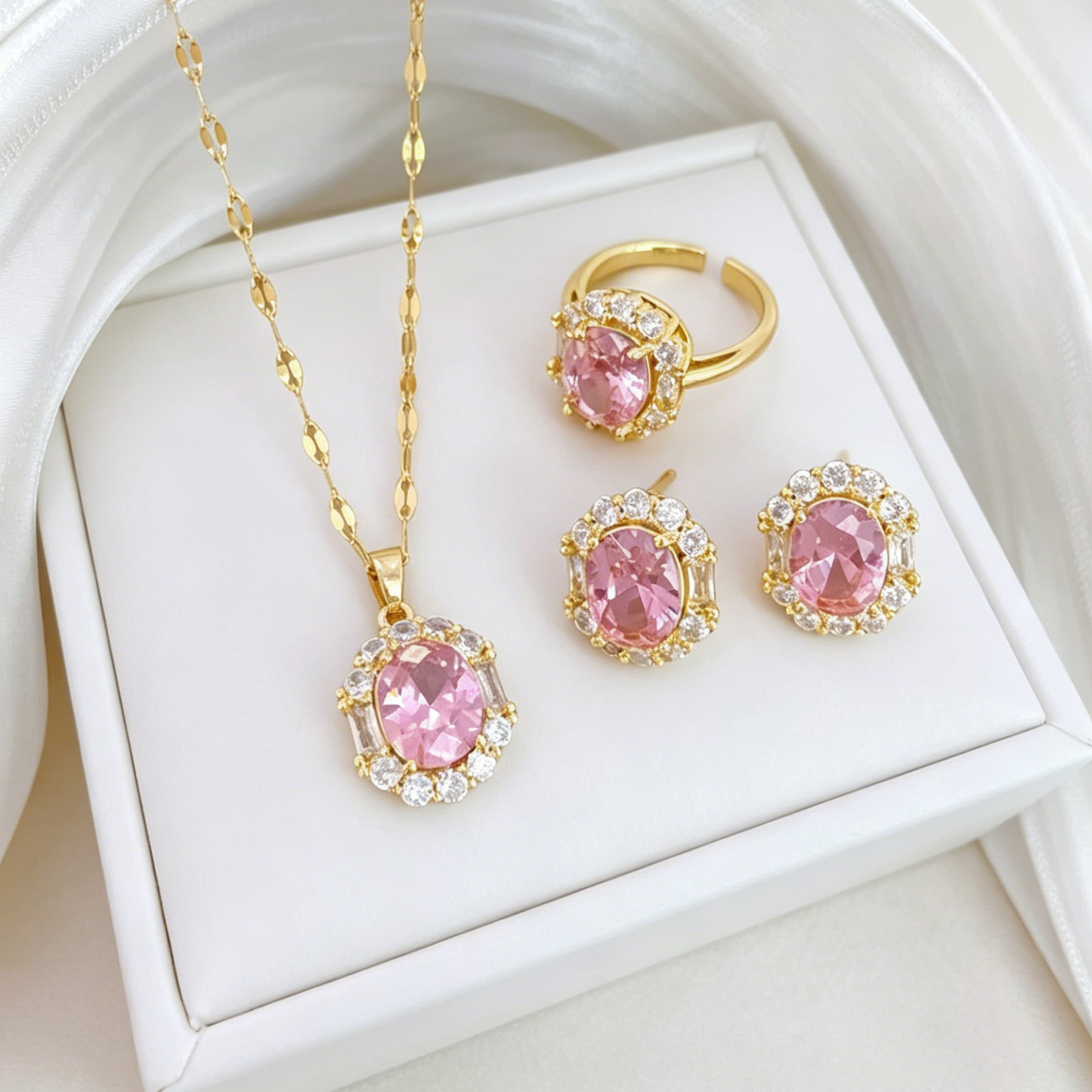 Titanium Steel Pink Oval Zirconia Jewelry Set - Necklace, Earrings & Ring