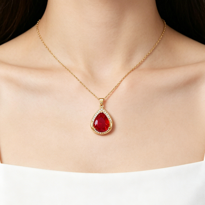 Titanium Steel Red Teardrop Zirconia Pendant Necklace