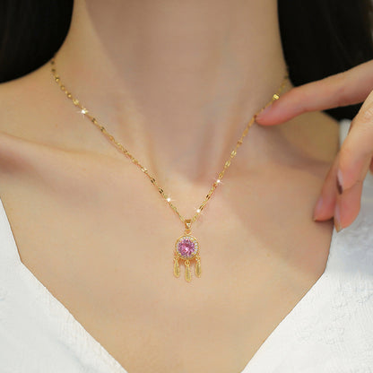Titanium Steel Pink Zirconia Dreamcatcher Jewelry Set - Necklace & Earrings