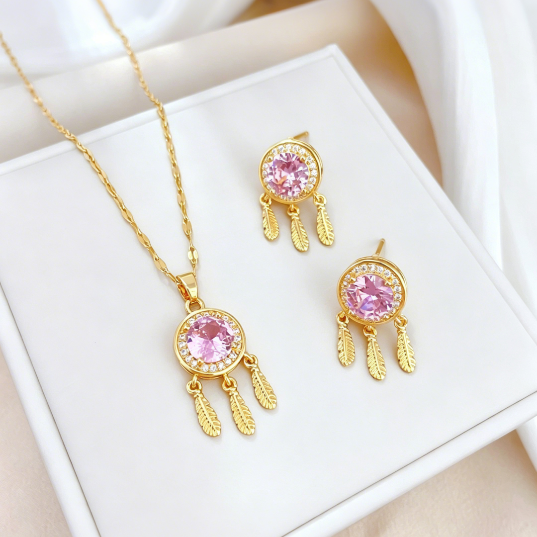 Titanium Steel Pink Zirconia Dreamcatcher Jewelry Set - Necklace & Earrings