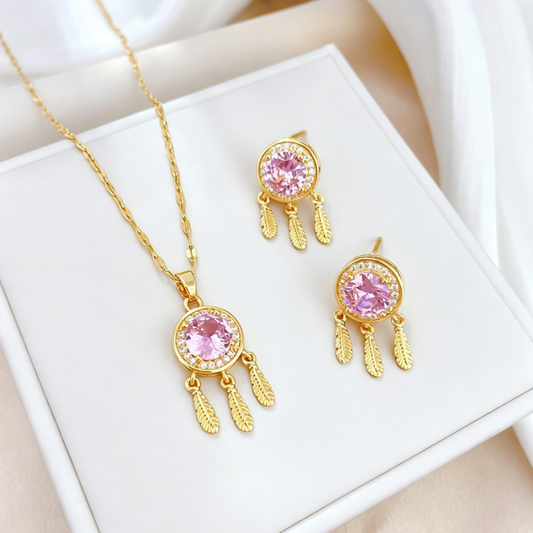 Titanium Steel Pink Zirconia Dreamcatcher Jewelry Set - Necklace & Earrings
